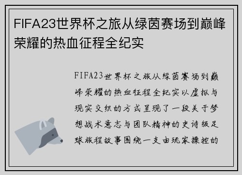 FIFA23世界杯之旅从绿茵赛场到巅峰荣耀的热血征程全纪实